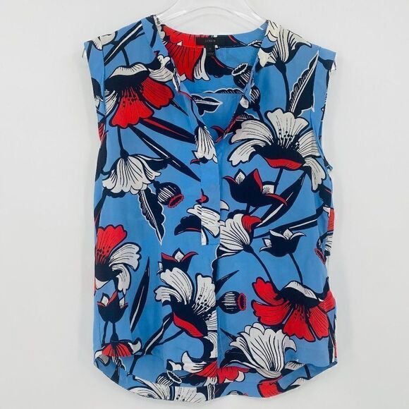 J. Crew Size 2 Blue Sleeveless Silk Popover Shirt in Deco Floral Blouse Top - Picture 2 of 9